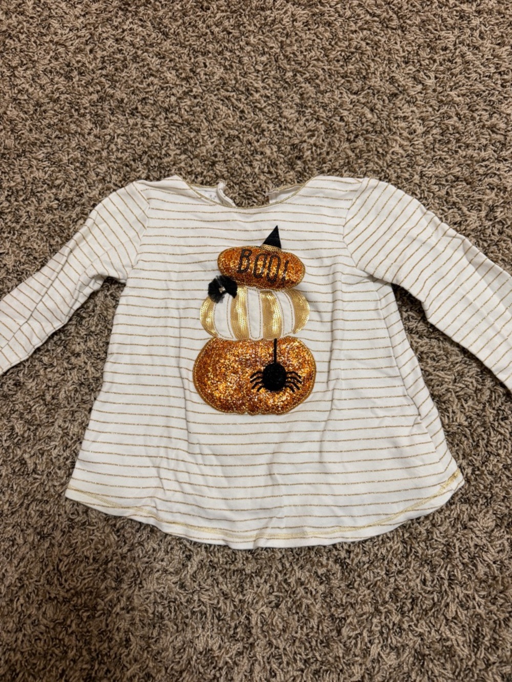 Mud Pie White & Gold Striped Halloween Pumpkin Long-Sleeve Top